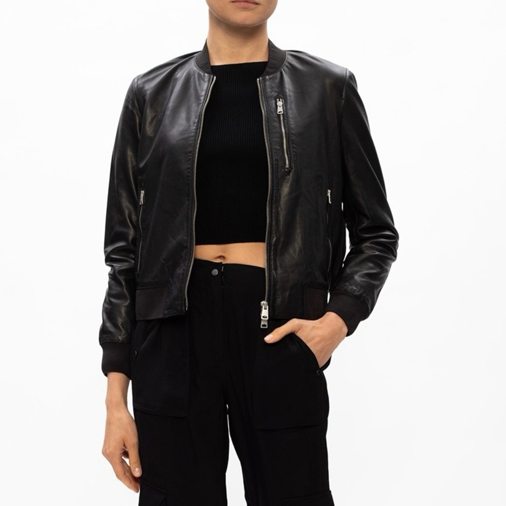 AllSaints Sz 2 Remy Leather Bomber Jacket Zip Black